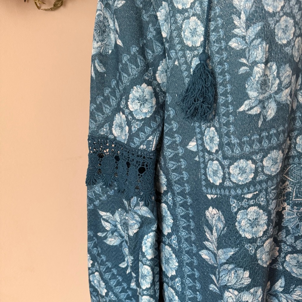 Bohemian Blue Floral & Geometric Print Long Sleeve Tunic Top - Picture 3 of 9